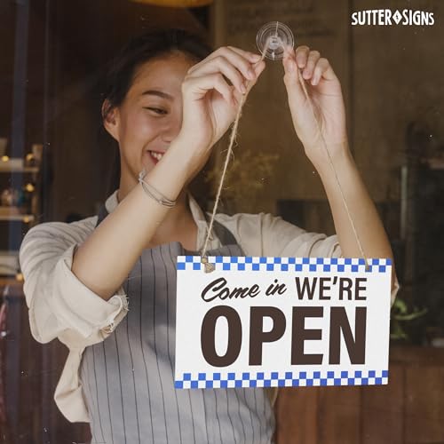 Open Closed Sign for Business, 10" x 6" (Blue Checker) - color: Blue Checker