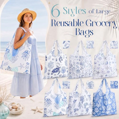 Abbylike 6 Pcs Reusable Grocery Bags 50lbs Coastal Foldable Shopping Bag - color: Blue White, style: Ocean
