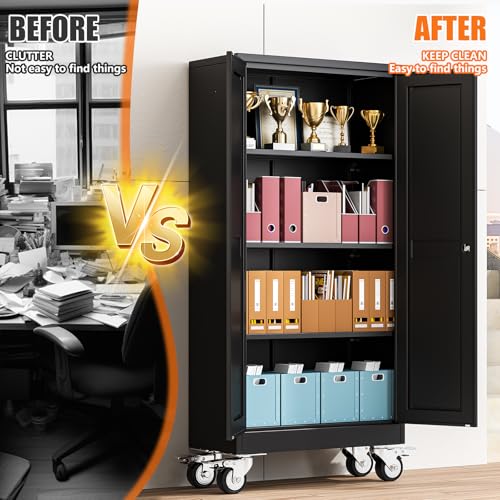 pozdeg 61" Black Lockable Rolling Metal Garage Storage Cabinet - color: Black, size: 13.78"D x 27.56"W x 61"H