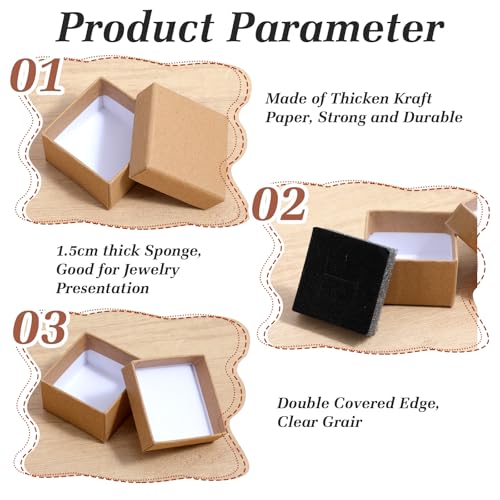 48 Pack Small Jewelry Ring Gift Boxes, 2x2x1.2 Inch Brown Krafts Paper Ring Boxes with Foam Insert, Bulk Square Cardboard Earring Packing Box for Weddings Rings, Necklaces, Business Retail