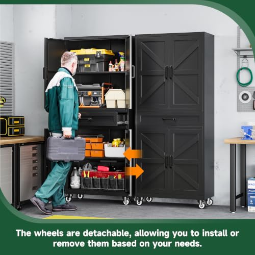 Letaya Metal Garage Storage Cabinets with Wheels,Black Rolling Tool Cabinet - color: Black, size: 15.7” D x 32” W x 73” H