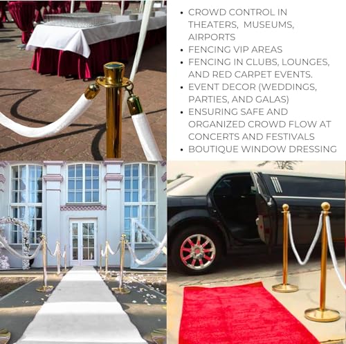 4PCS White Velvet Rope 5FT – Silver Snap Ends Stanchion Set for Stanchions Soft Velvet Set for VIP Rope Barrier Event Crowd Control - color: White + Gold