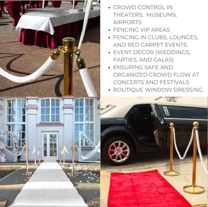 4PCS White Velvet Rope 5FT – Silver Snap Ends Stanchion Set for Stanchions Soft Velvet Set for VIP Rope Barrier Event Crowd Control - color: White + Gold