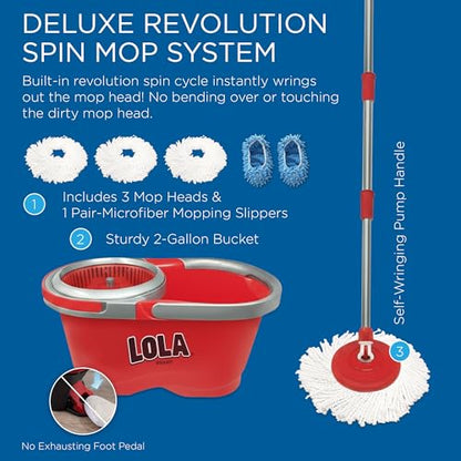 Revolution Deluxe Spin Mop & Bucket, w/ 3 Microfiber Washable Heads, 1 Pair Microfiber Mop Slippers, Fast Dry, Deep Clean Floors & Hands-Free Wringer, Easy Spin Dry, No Exhaustive Foot Pedal, LOLA
