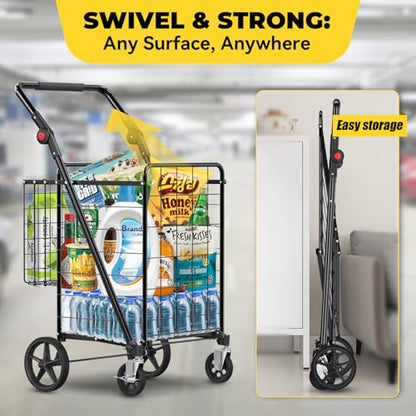 XINGLANG Heavy Duty Folding Shopping Cart – 4.5 Cu Ft, 420 lbs Capacity, Double Basket & Removable Waterproof Liner, 360° Swivel Wheels with Brakes, Adjustable & Rotating Handle for Laundry & Grocery - size: Jumbo