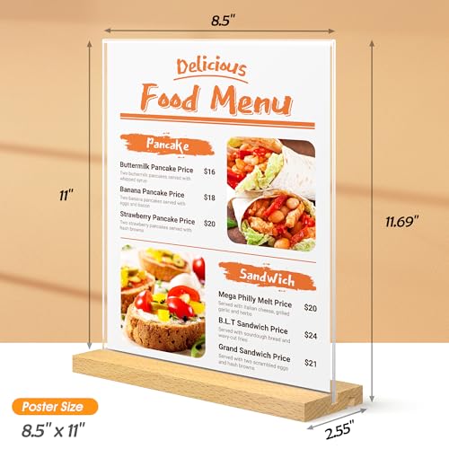 8.5 x 11 Acrylic Sign Holder with Wood Base - Tabletop Display Menu Stand - Clear Plastic L/T Shape Vertical or Slant Back Paper Holders - 3 pack - style: 8.5x11in 3pack
