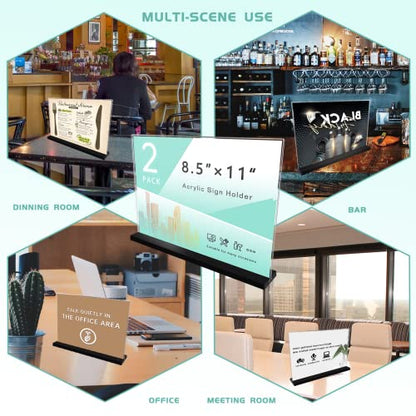 Acrylic Sign Holder 8.5 x 11 Plastic Sign Holder, 2 Pack, T Shape Clear Table Top Holders, Double Sided Paper Desktop Display Stand, Horizontal Ad Frames, Flyer Document, for Store, Office, Horizontal