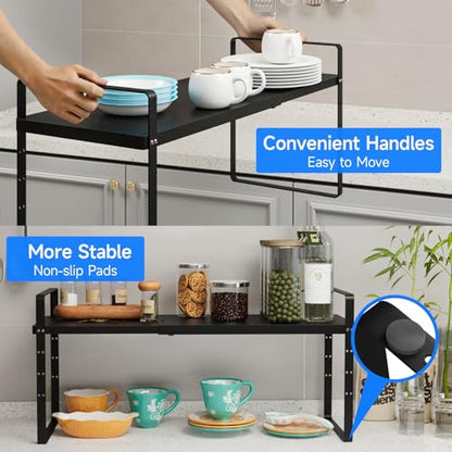 Expandable Cabinet Shelf Organizer, Stackable Kitchen Pantry Counter Storage, Adjustable Closet Cupboard Stand Rack Risers Spice Organization 80LBS Heavy Duty Black Large 1 Pack - color: Black Large