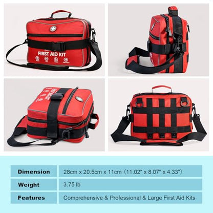 Professional 435 Pieces Large First Aid Kit - Includes Compressed Gauze - Compartments Emergency Medical Kit for Home, Camping, Backpacking, Travel, Boat, Car,Outdoors (Red)