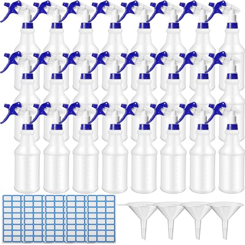Zubebe 24 Pack 32 oz Plastic Spray Bottle Bulk Empty Leakproof Heavy Duty Spray Bottles for Cleaning Supplies Mist Bottles with Label and Adjustable Nozzle for Plant (Blue,Clear Scale) - color: Blue