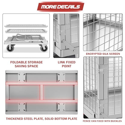 Folding Platform Truck Cart with Cage, Flat Cart with Wheels and Handle, Flat Bed Dolly Can Load 1500 Pounds, Flat Rolling Cart with 6In Swivel Heavy Duty Brake Caster (35.4 inches in length)