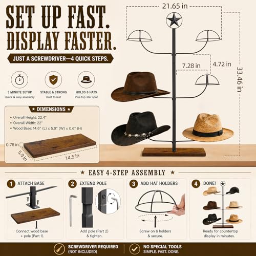 Cowboy Hat Display Stand for 6 Hats, Freestanding Countertop Hat Rack
