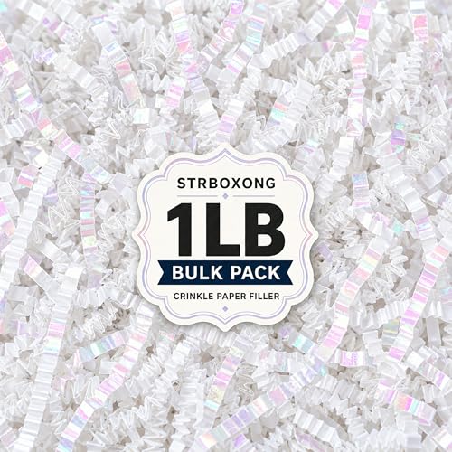 STRBOXONG Diamond White Crinkle Paper Filler 1 LB, Dust-Free Crinkle Cut Paper Shred for Wedding Gift Boxes, Luxury Gift Baskets, Beauty Packaging, Party Favors, Retail Displays and Gift Bags - color: Diamond White