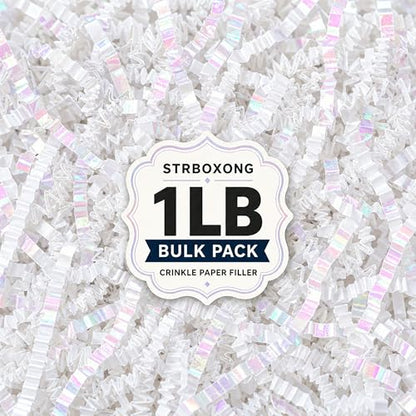 STRBOXONG Diamond White Crinkle Paper Filler 1 LB, Dust-Free Crinkle Cut Paper Shred for Wedding Gift Boxes, Luxury Gift Baskets, Beauty Packaging, Party Favors, Retail Displays and Gift Bags - color: Diamond White