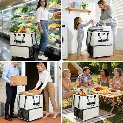 Reusable Grocery Bag On Wheels, 70L Foldable Rolling Tote with 6 Pockets - color: Beige, size: Medium