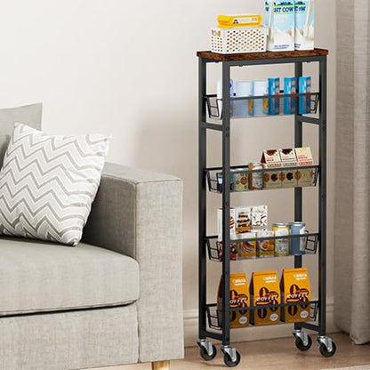 Honest Slim Storage Cart 4-Tier Slim Rolling Cart with Metal Frame and Wooden Top, 6.3 Inches, Storage Cart for Kitchen, Dining Room, Living Room, Bathroom, Home Office, Rustic Brown and Black - size: 4 Tiers (6.3"D x 30.3"H)