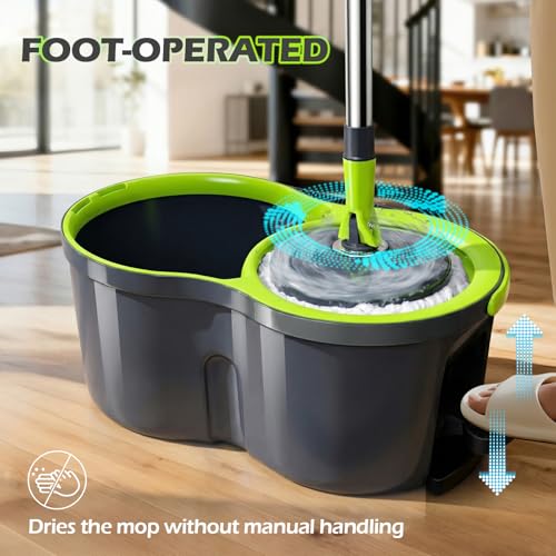 Masthome Compact Spin Mop Bucket System with Pedal Wringer Set - color: Green+dark Grey