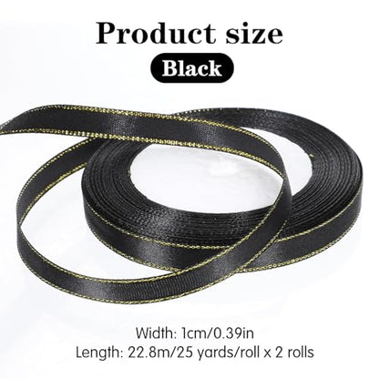 Satin Ribbon with Gold Edge, Double Faced Satin Gold Border Fabric Ribbons