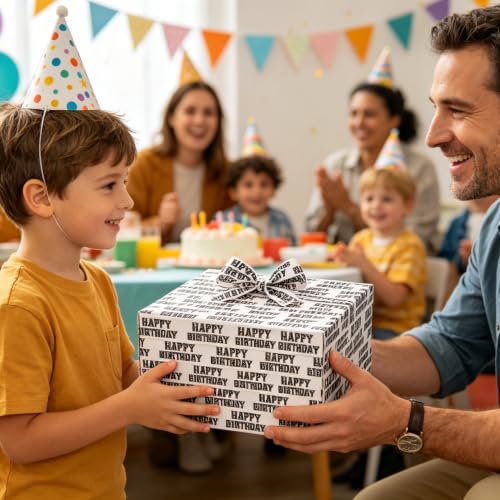 Cuitpan Reversible Birthday Wrapping Paper – Checkered Happy Birthday Text & Black White Checkerboard, Gift Wrap for Men, Racing Theme Design, Birthday Party, 17" x 16.5ft - color: Happy Birthday-Black