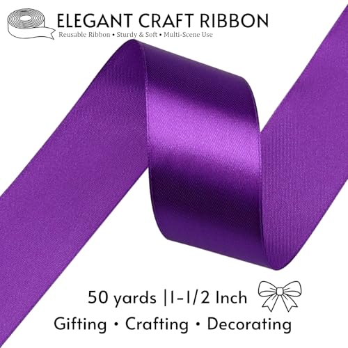 1-1/2 Inch Purple Satin Ribbon 50 Yards Single Face Polyester - color: Purple, size: 1-1/2 inch
