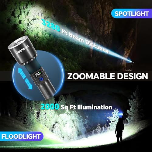 Rechargeable Flashlights 2 Pack, Super Bright LED Long Handle Flashlight with LCD Digital Display, 5 Modes & Zoomable Tactical FlashLights, Large Capacity Battery Powerful Flash Light for home - size: 2PACK
