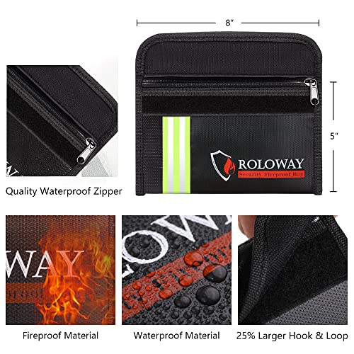 ROLOWAY Small Fireproof Bag (5 x 8 inches) with Reflective Strip, Fireproof Money Bag for Cash, Valuables, Passport, Currency & Keys (2-Pack Black) - size: 8 x 5 inch, style: Black With Reflective Strip