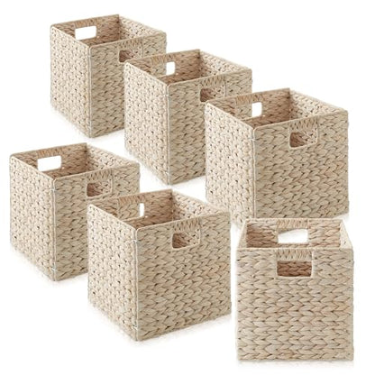 Casafield 10.5" x 10.5" Hyacinth Storage Baskets, Whitewash - Set of 6 Storage Organizers, Woven Wicker Cubes for Bathroom, Bedroom, Laundry, Shelves - size: 6-Pack