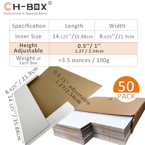 50 Pack 14 1/8" x 8 5/8" x 1" Cardboard Easy-Fold Shipping Box Mailers, Legal-Size Height Adjustable for Documents, White (EM1481) - color: White-50 Pack, size: 14.125x8.625x1''