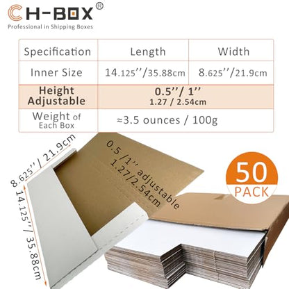 50 Pack 14 1/8" x 8 5/8" x 1" Cardboard Easy-Fold Shipping Box Mailers, Legal-Size Height Adjustable for Documents, White (EM1481) - color: White-50 Pack, size: 14.125x8.625x1''