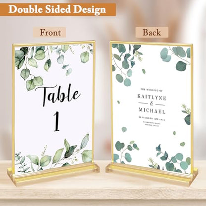 Floroom 6 Pack 5x7 Inch Clear Acrylic Sign Holders, Gold Border Double-Sided Vertical Picture Frames & Display Stands for Table Numbers, Photos, Menus, Flyers, Weddings, Parties & Events - size: 5" × 7"