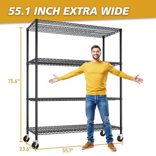4-Tier Shelf, Adjustable Wire Metal Rack Shelving, Heavy Duty Standing Storage Shelves, Garage, Kitchen, Office, Bathroom, Shelfs Easy Assembly, 55" W x 23.6" D x 75.6" H Wheels, Black - color: Black, size: 4-tier 55.12"W x 23.62"D x 75.59"H Wheels