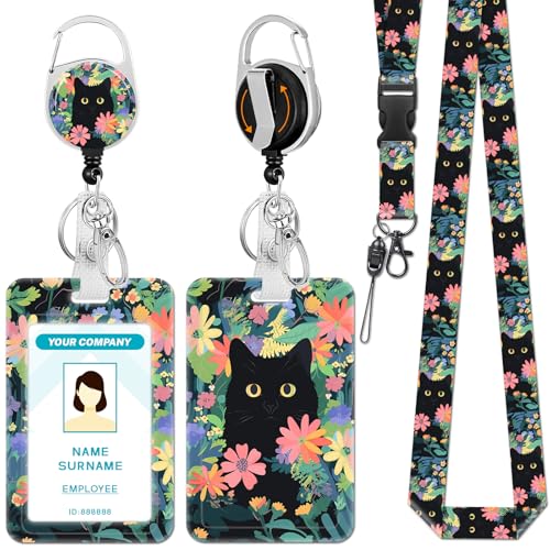 Hancynir Cat Lanyards for Id Badges, Badge Holder Retractable Reel Clip - color: Flower Cat Light Green