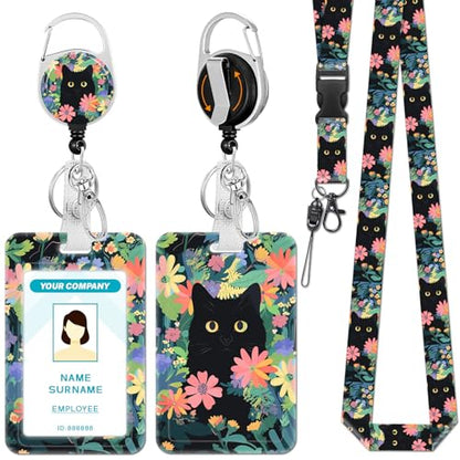 Hancynir Cat Lanyards for Id Badges, Badge Holder Retractable Reel Clip - color: Flower Cat Light Green