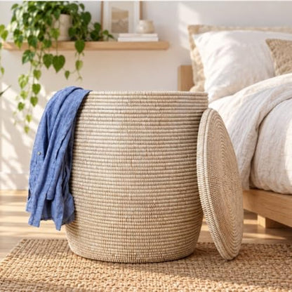 Laundry Basket with Lid and Handles, White Wicker Basket for Storage, 20 Inch Tall, 18 Inch Wide - size: 18" Wide Medium
