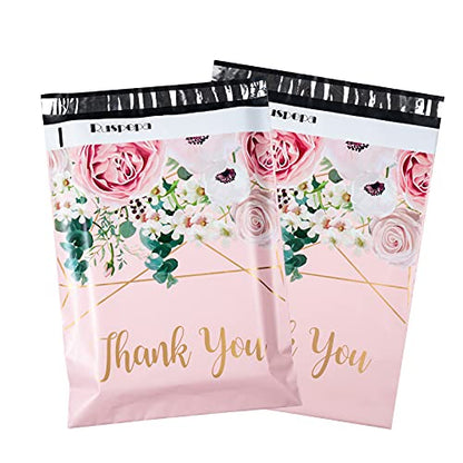 RUSPEPA Poly Mailers Shipping Bags Thank You Notes Flowers Surrounded 3 Mil Heavy Duty Self Seal Mailing Envelopes - Pink, 12 x 15.5 inches, 50 Pack
