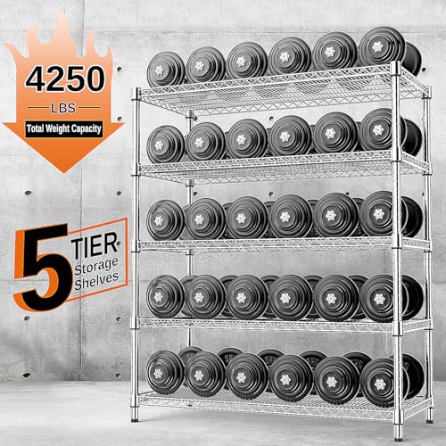 IZEUK 4250 LBS Garage Shelving Wide Storage Shelves 5 Tier Metal Shelves Heavy Duty Adjustable Utility Shelf Rack Chrome 17.7" D x 59.1" W x 70.4" H - color: Chrome, size: 5 Tier, 17.7" D x 59.1" W x 70.4" H