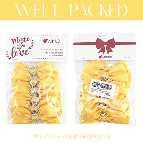 AIMUDI Pre-Tied Yellow Gold Satin Bows with Rhinestone 3" Yellow Ribbon Bows with Heart Diamante Bows for Gift Wrapping Small Bows for Crafts Wedding Embellishment Shower Party Favors - 12 PCs - color: Yellow Gold