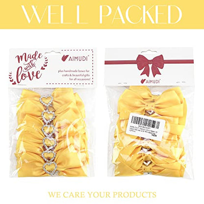 AIMUDI Pre-Tied Yellow Gold Satin Bows with Rhinestone 3" Yellow Ribbon Bows with Heart Diamante Bows for Gift Wrapping Small Bows for Crafts Wedding Embellishment Shower Party Favors - 12 PCs - color: Yellow Gold
