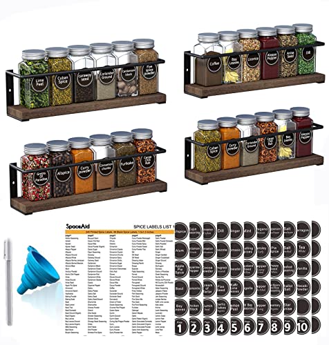 SpaceAid Spice Rack with 24 Spice Jars, 386 Spice Labels, Chalk Marker and Funnel, Wood Hanging Seasoning Shelf for Cabinet Door or Wall Mount (4 Pack) - style: Racks with Jars