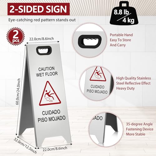 MorningRo 2 Pcs 24 Inch Stainless Steel Wet Floor Sign, Silver - color: Silver