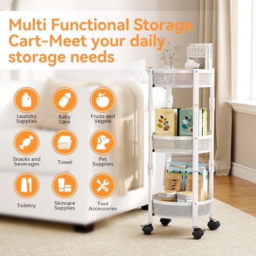 TOOLF 3 Tier Foldable Rolling Cart, Metal Utility Storage Cart, White - color: White