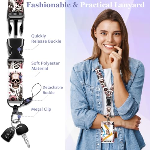 Funny Skull ID Badge Holder with Lanyard and Retractable Badge Reel - color: Skull and Floral