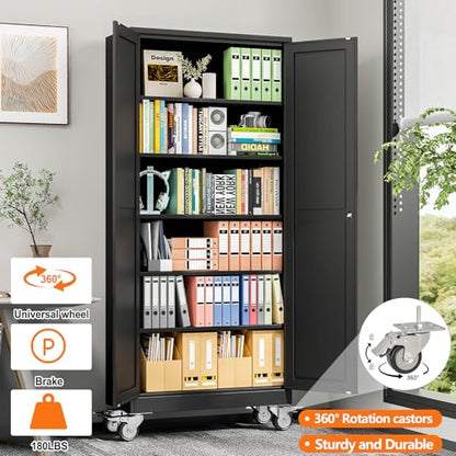 pozdeg 75" Black Lockable Rolling Metal Garage Storage Cabinet - color: Black, size: 15.75"D x 31.5"W x 75"H