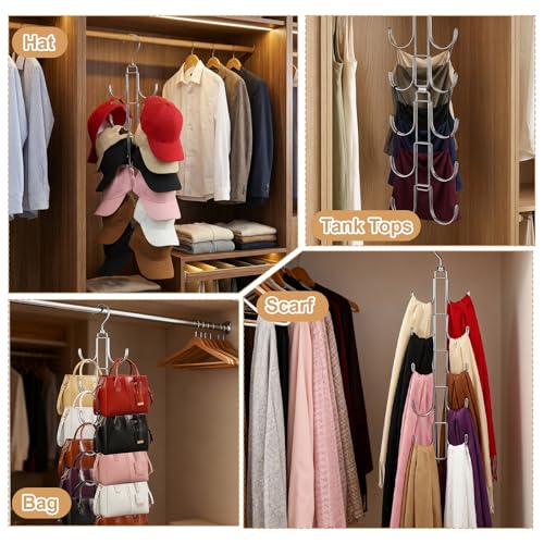 4 Pack Purse Organizer for Closet, Purse Hanger with 10 Big Hooks, 360 Degree Rotation Bag Holder for Organizer&Display, Foldable Space Saving Hangers Rack for Handbag, Belt, Scarf, Tie