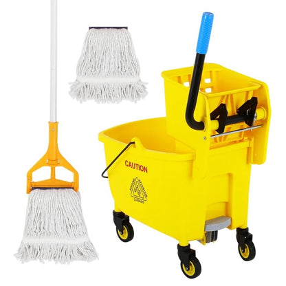 35 Qt Commercial Mop Bucket with Side Press Wringer on Wheels,Mop and Bucket Set, Add One Industrial Mop and One Mop Head Replacement