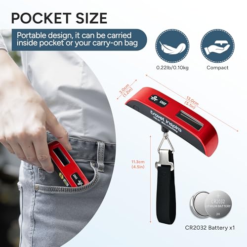 travel inspira Digital Luggage Scale – Portable Hanging Suitcase Weight Scale for Travel, 110 lb Capacity, Backlit LCD Display, Prevents Airport Overweight Fees, Battery Included - color: Red
