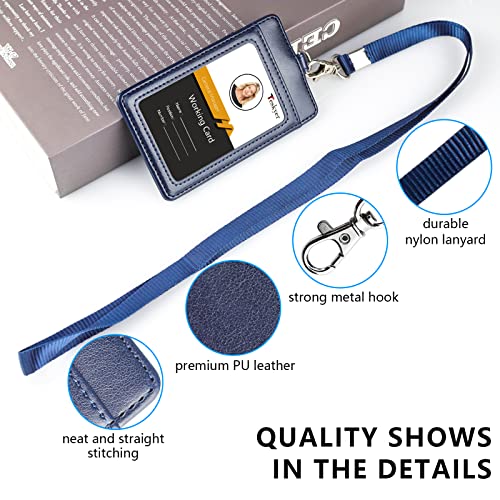 Teskyer Badge Holder with Lanyard, Leather ID Name Badge Card Holder with Lanyard for ID Badges, Vertical Blue - color: Blue, size: Vertical