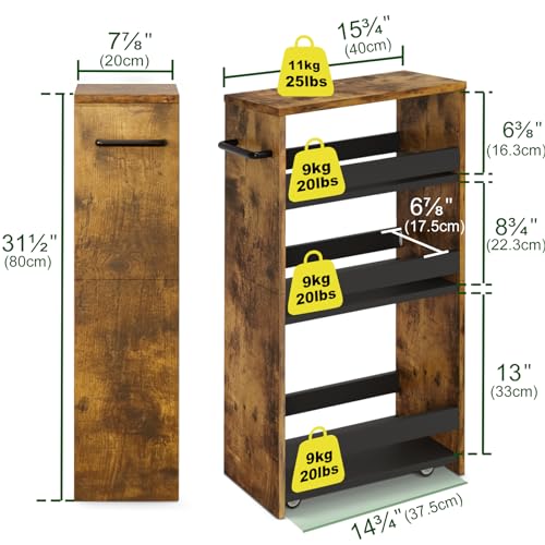 TEAMIX Slim Rolling Storage Cart, Wood 4-Tier Narrow Kitchen/Laundry Cart - color: Brown+black, size: 7-7/8'' W