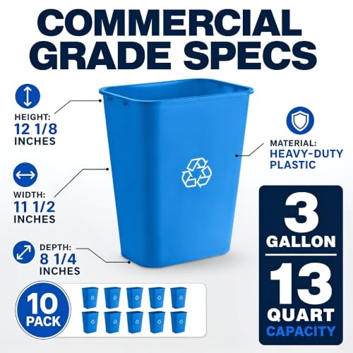 10 Pack, Recycle Wastebasket, 13 Qt. / 3 Gallon Rectangular Wastebasket/Trash Can Kit - Compact Recycling Bin, Slim Design for Business, Kitchen, Household, Workplace, and Dormitory - Blue