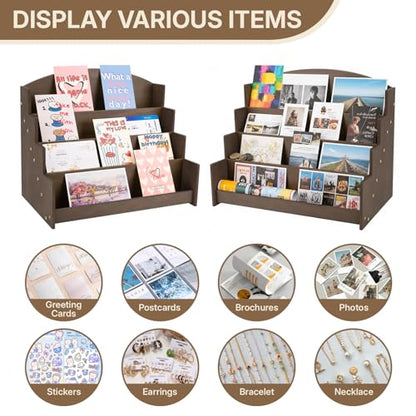 4 Tier Wooden Greeting Card Display Stand, Brown - color: Deep Brown